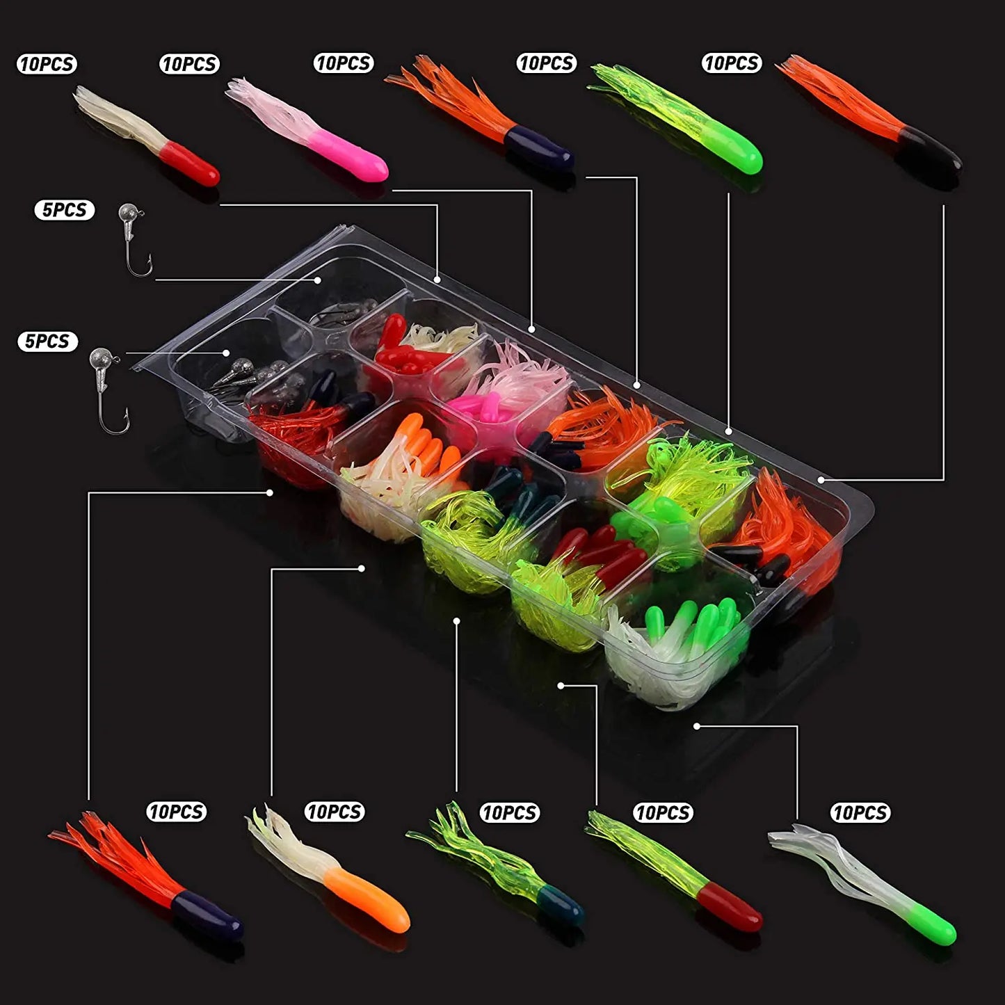 110pcs Crappie Tube Baits with Jig Heads Hooks Plastic Worms Soft Plastic Bait Set Trout Fishing Kit